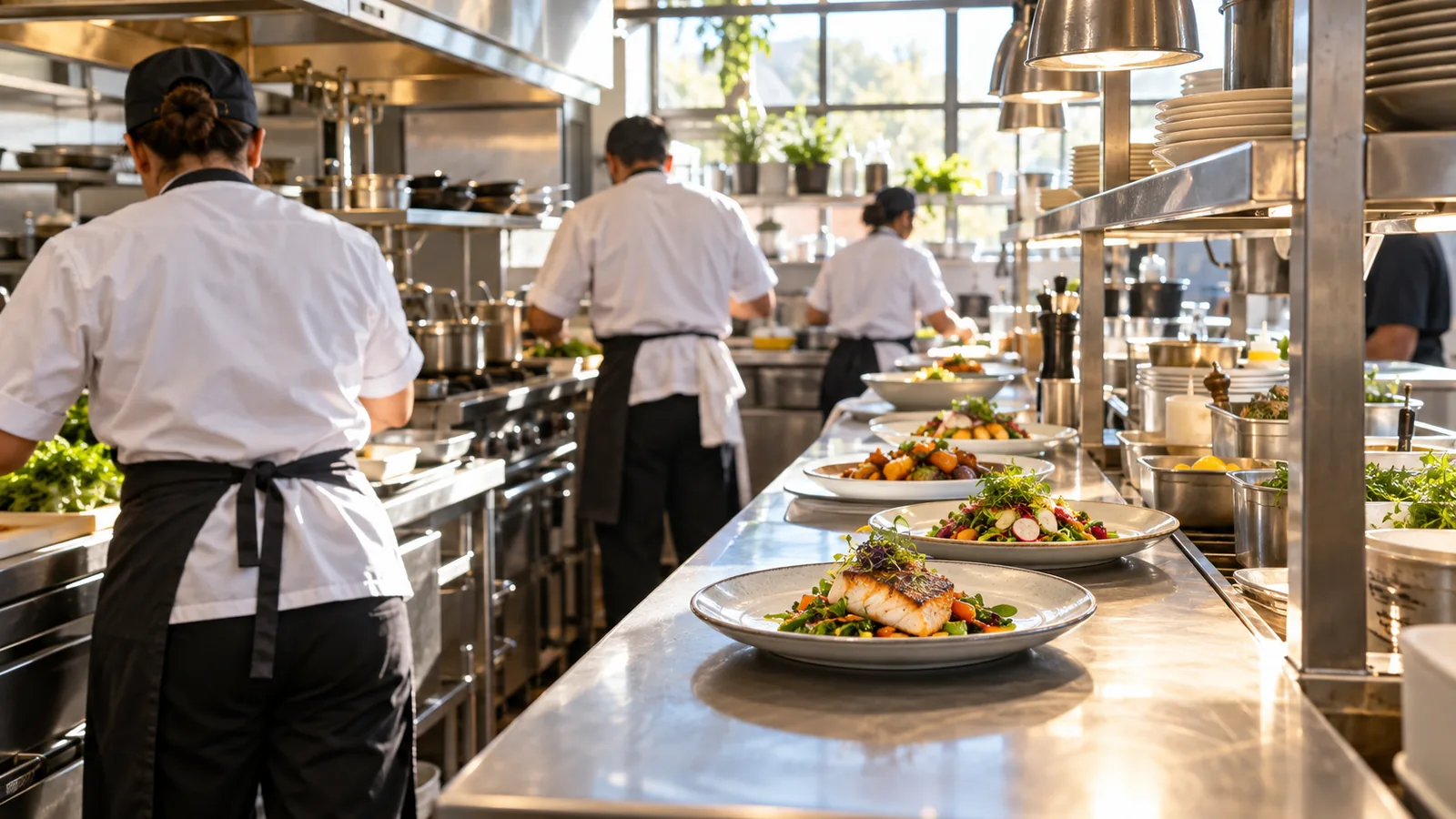A restaurant kitchen pass in midday daylight, stainless counters and staff seen from behind