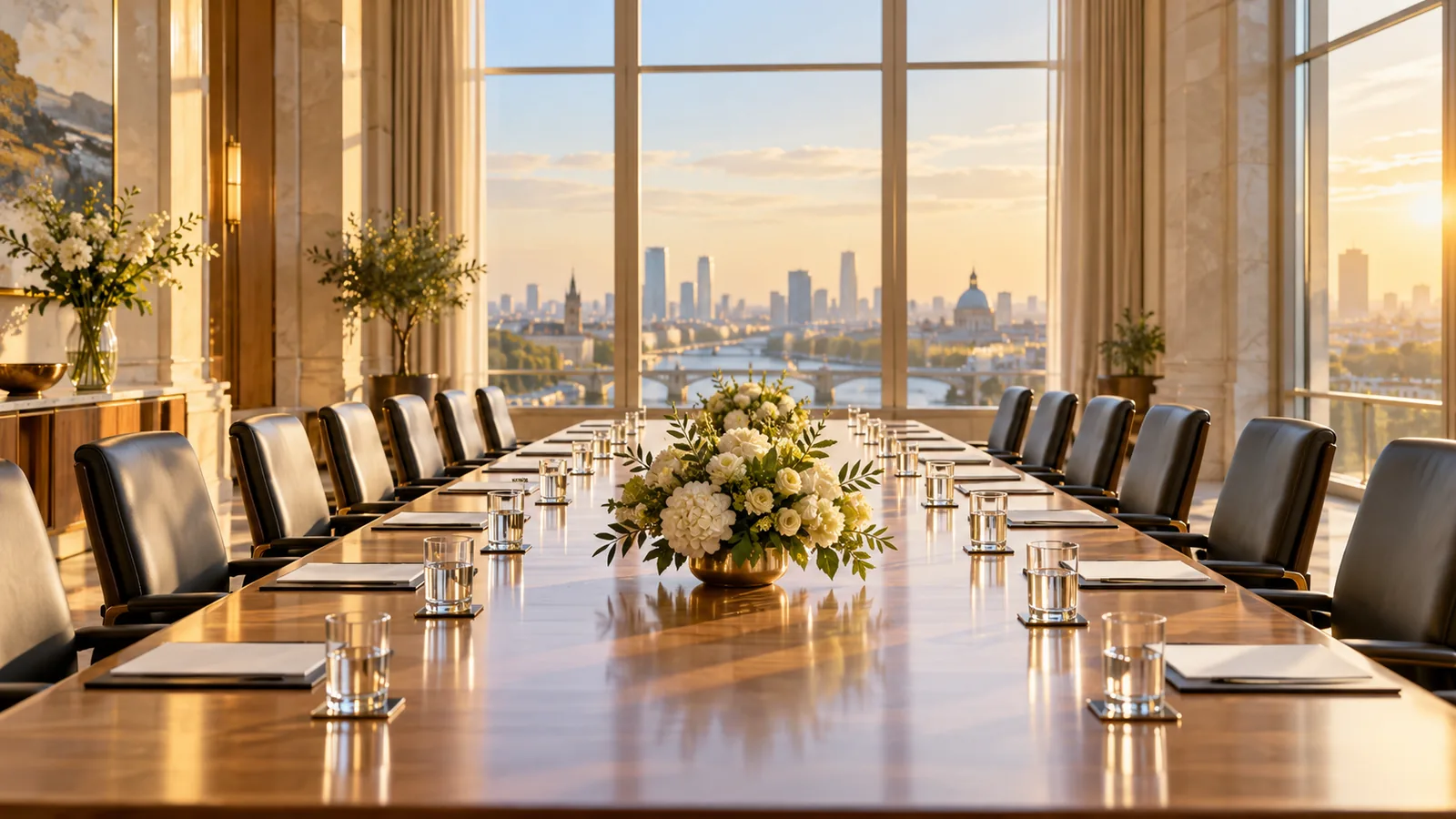 A long conference table and chairs set for talks in a sunlit meeting hall