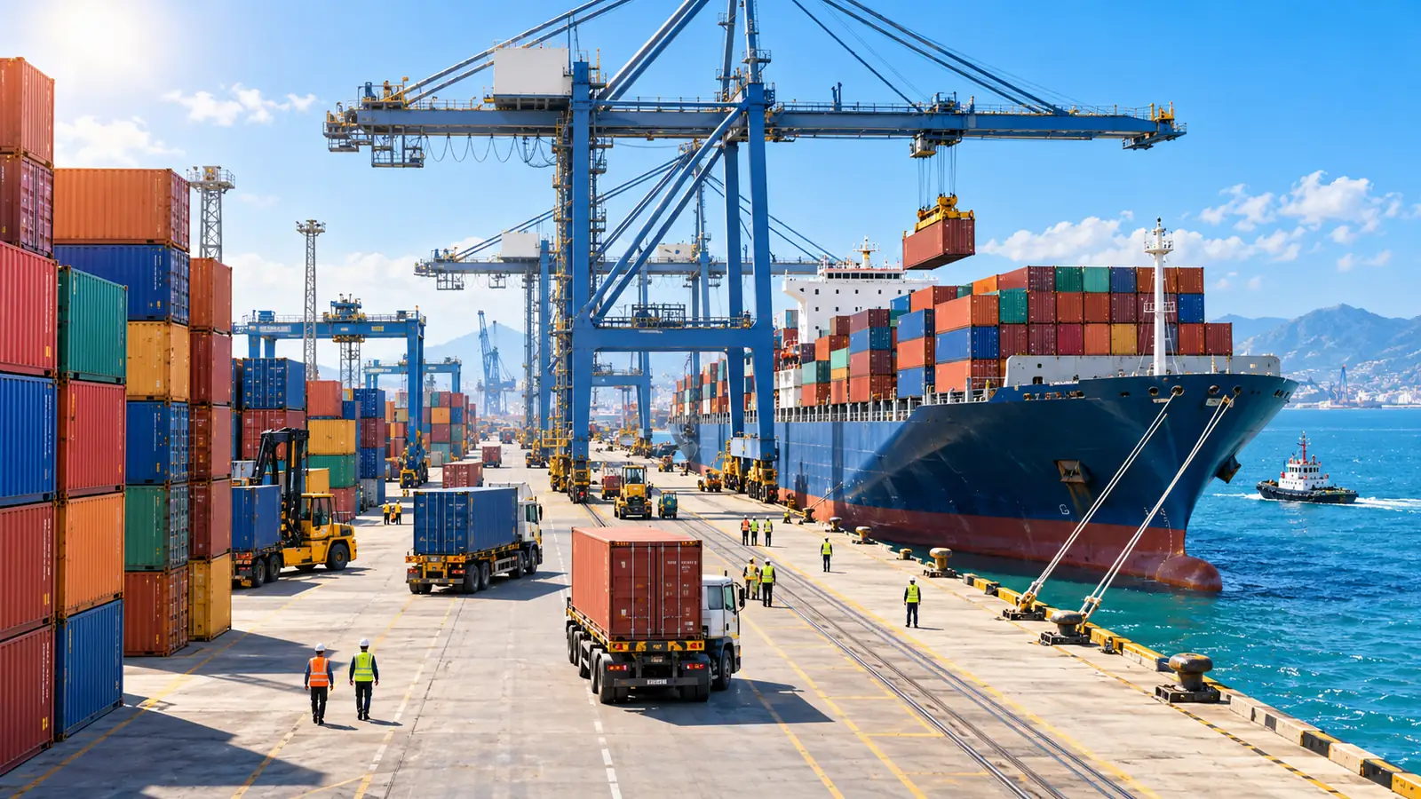 A busy container port on a sunny day with cranes loading colorful containers onto a cargo ship