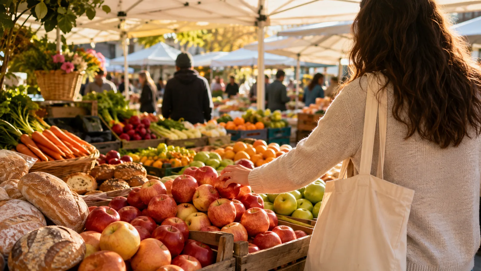 A morning market — stacked produce in warm sunlight