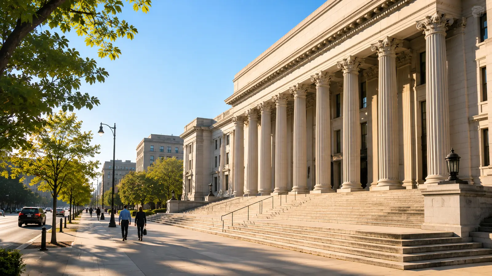 A courthouse colonnade and wide stone steps in clear morning light with green trees at the edge of the frame