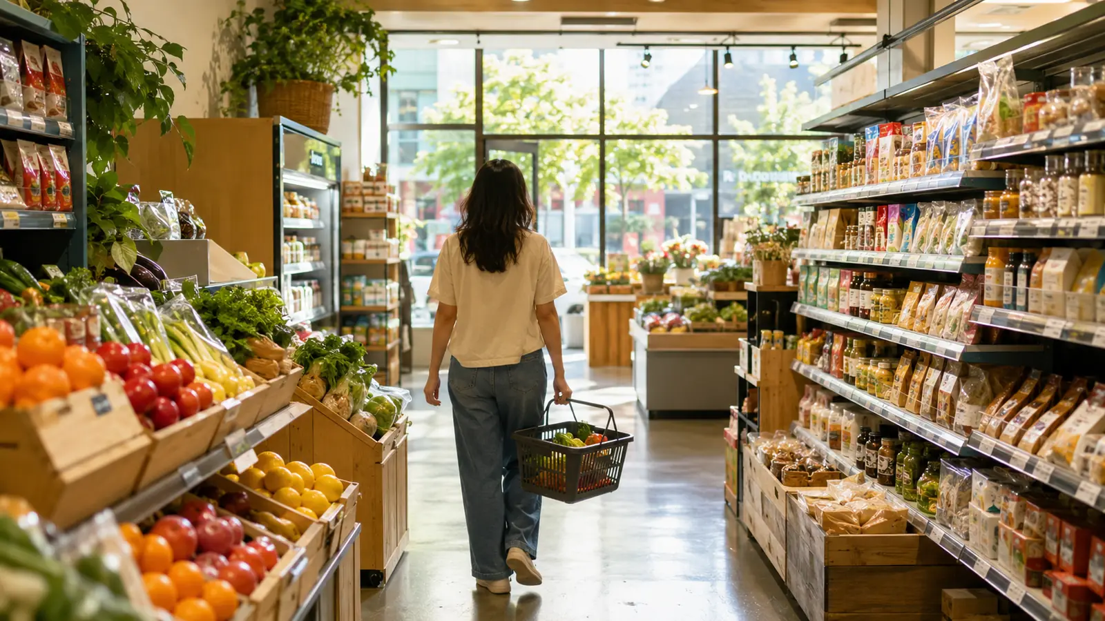 A bright grocery store aisle at midday, a shopper with a basket seen from behind