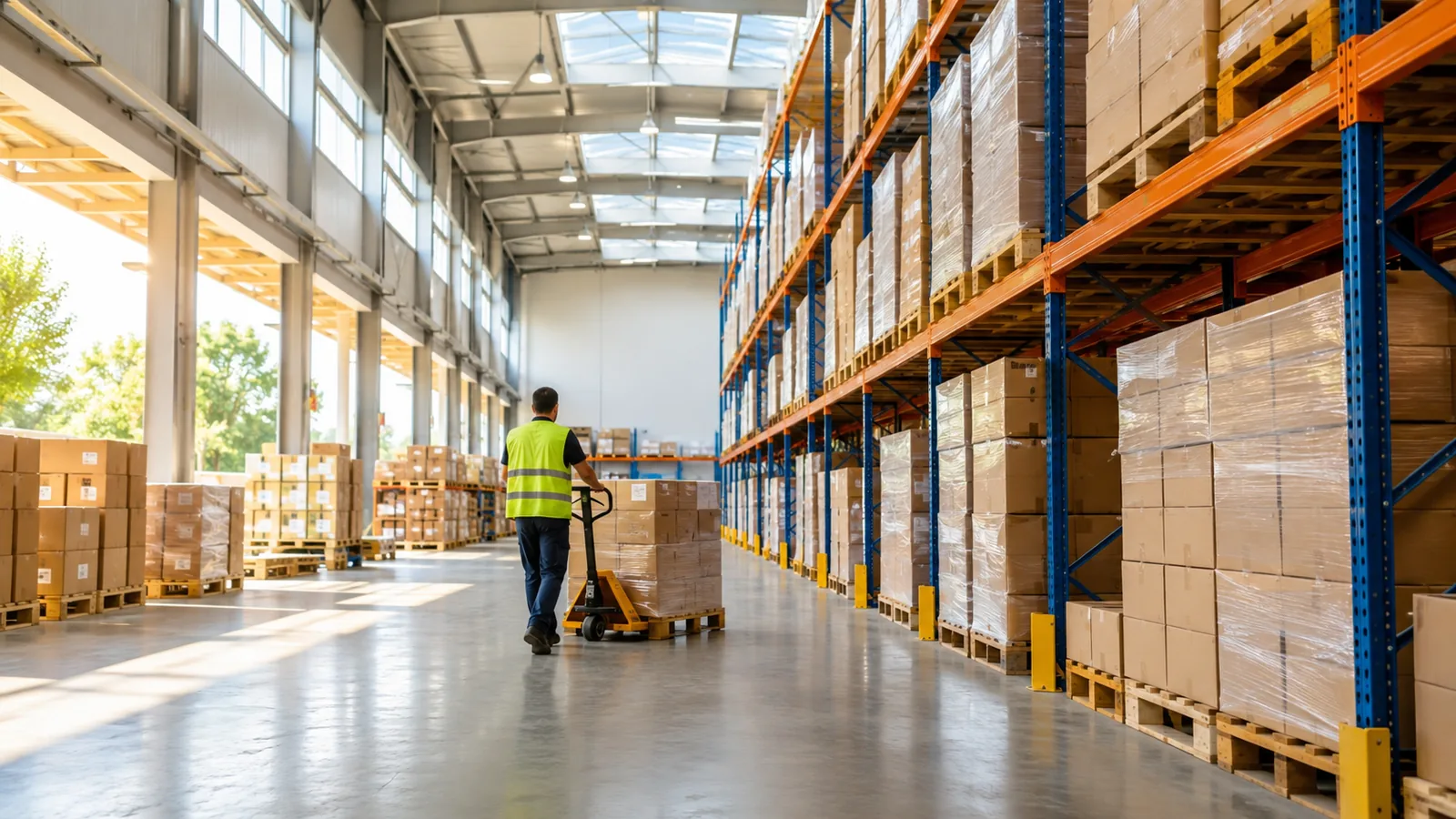 A daylit distribution warehouse, stacked boxes and a worker seen from behind