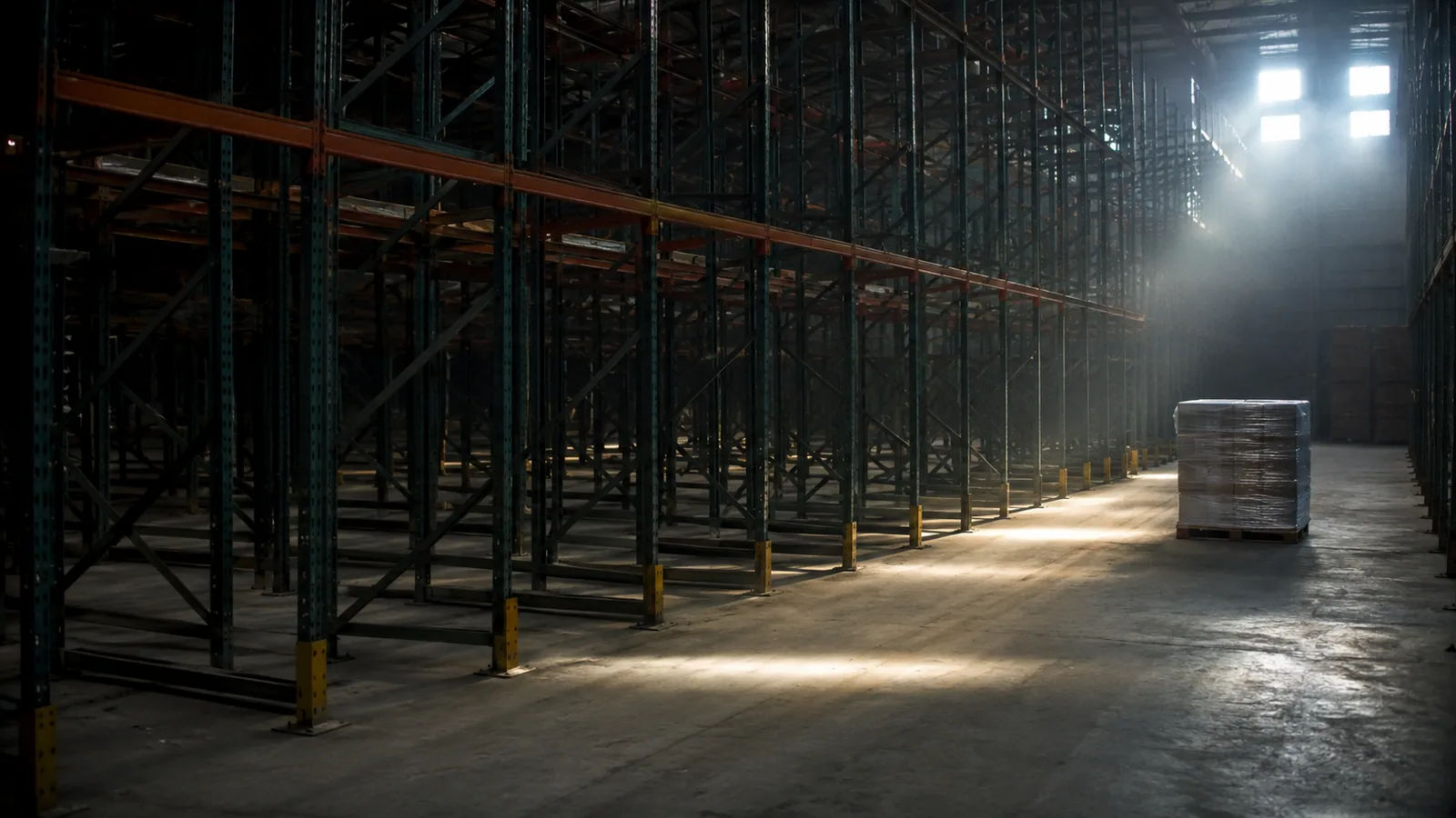 A vast warehouse of mostly empty racks, one pallet left in an aisle