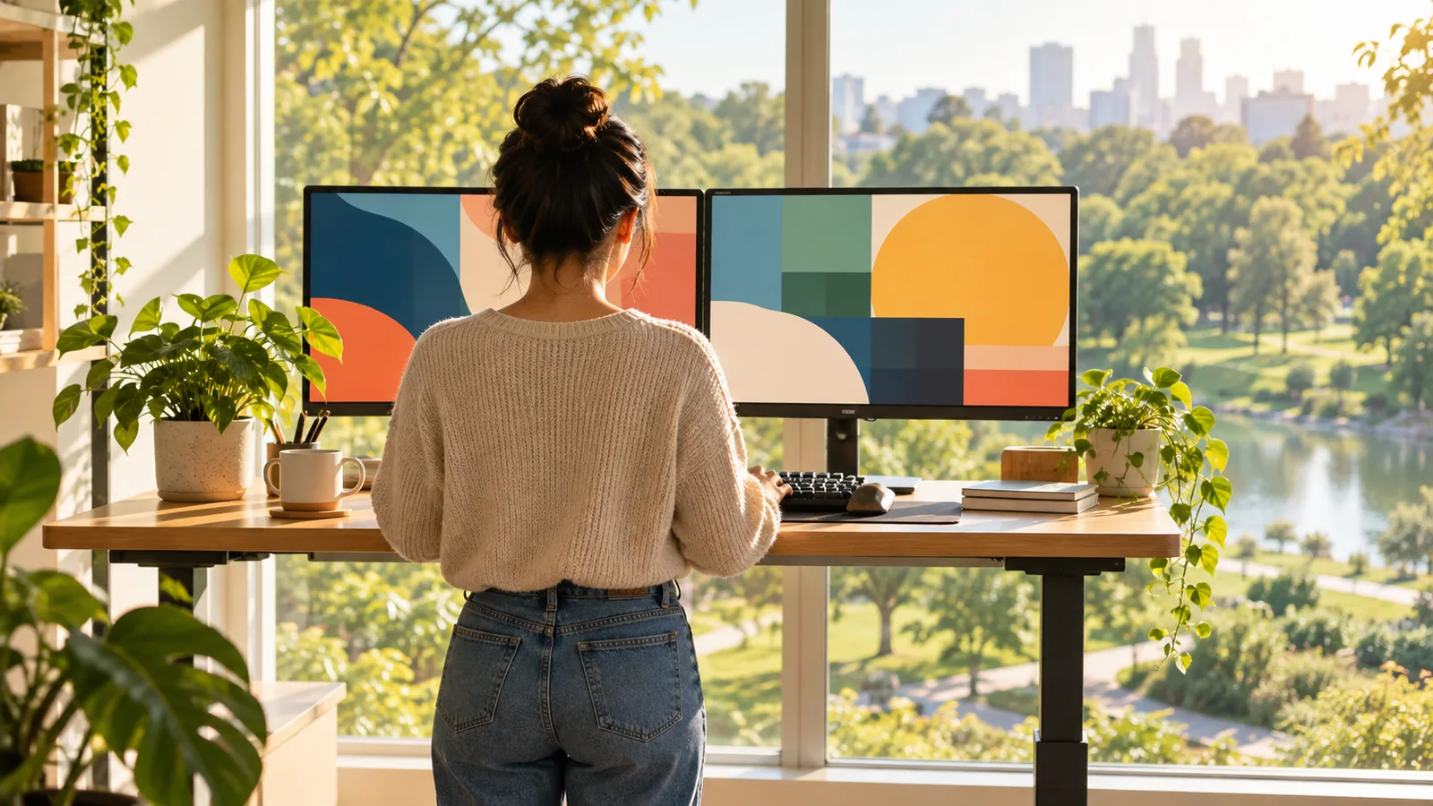 A developer seen from behind working at two monitors by a sunny window