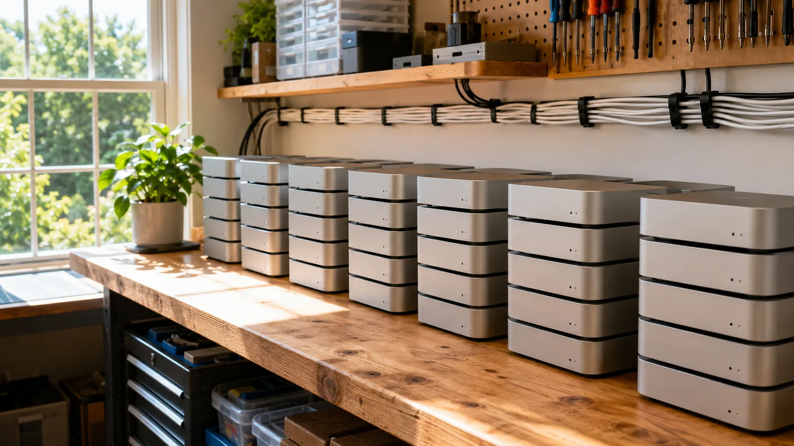A sunlit workshop bench with many small identical silver desktop computers stacked in neat rows beside tidy cabling