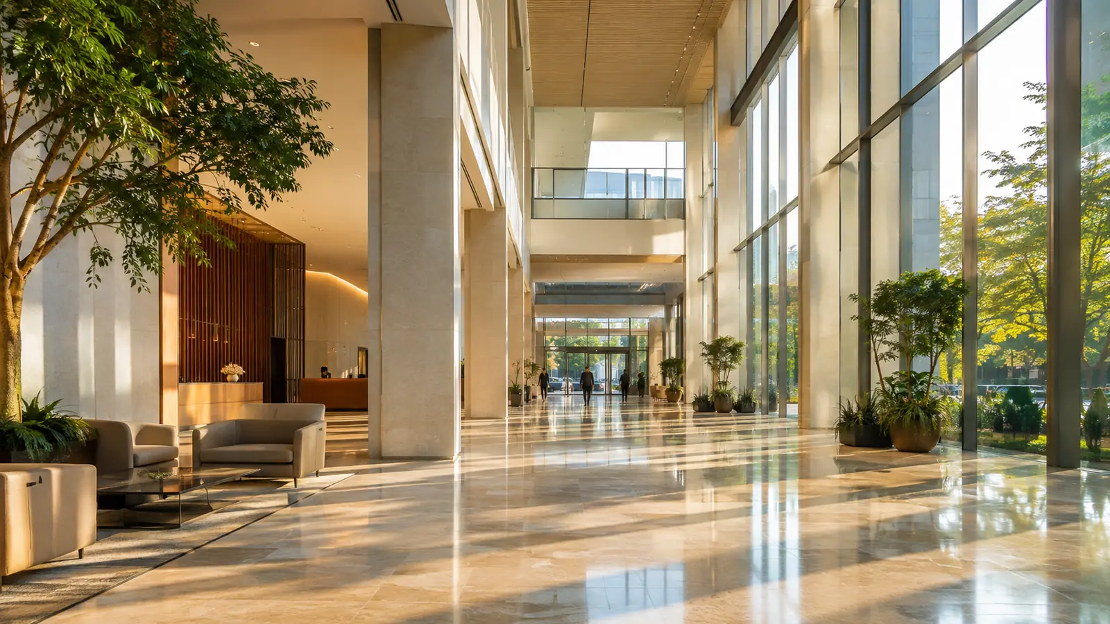 A sunlit office lobby with a tall glass atrium, morning light across a polished stone floor