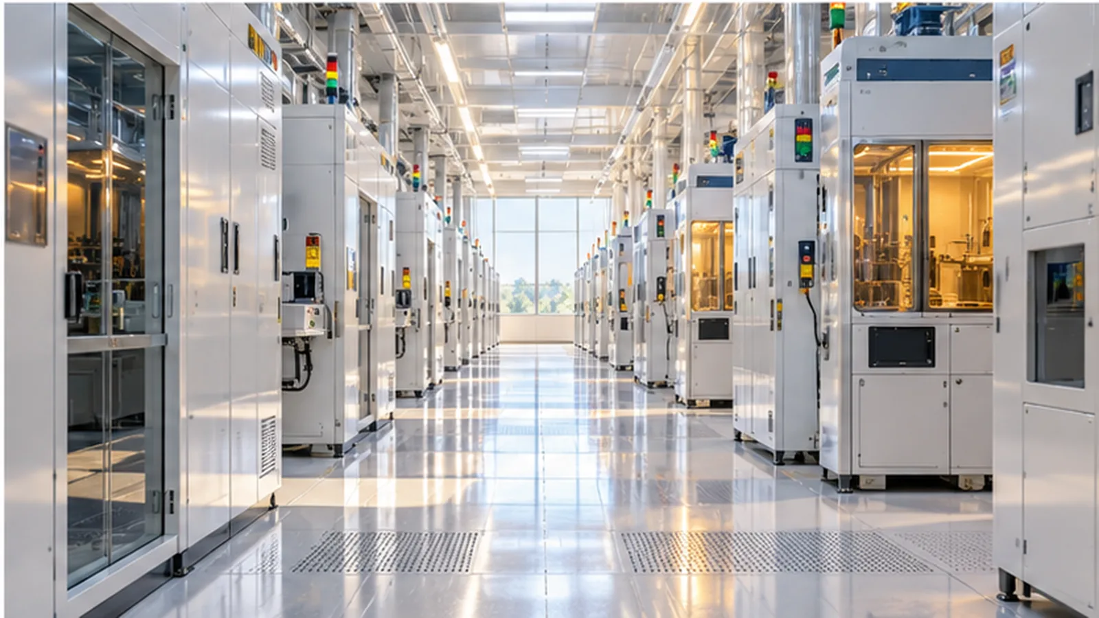 A brightly lit semiconductor fab corridor with rows of equipment cabinets and a technician far down the hallway