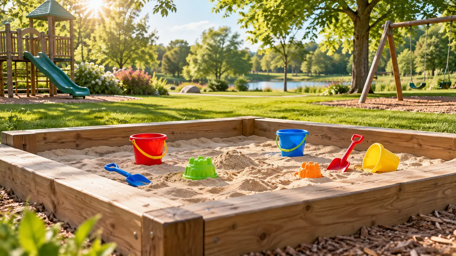A wooden sandbox with toy buckets in a sunny park playground