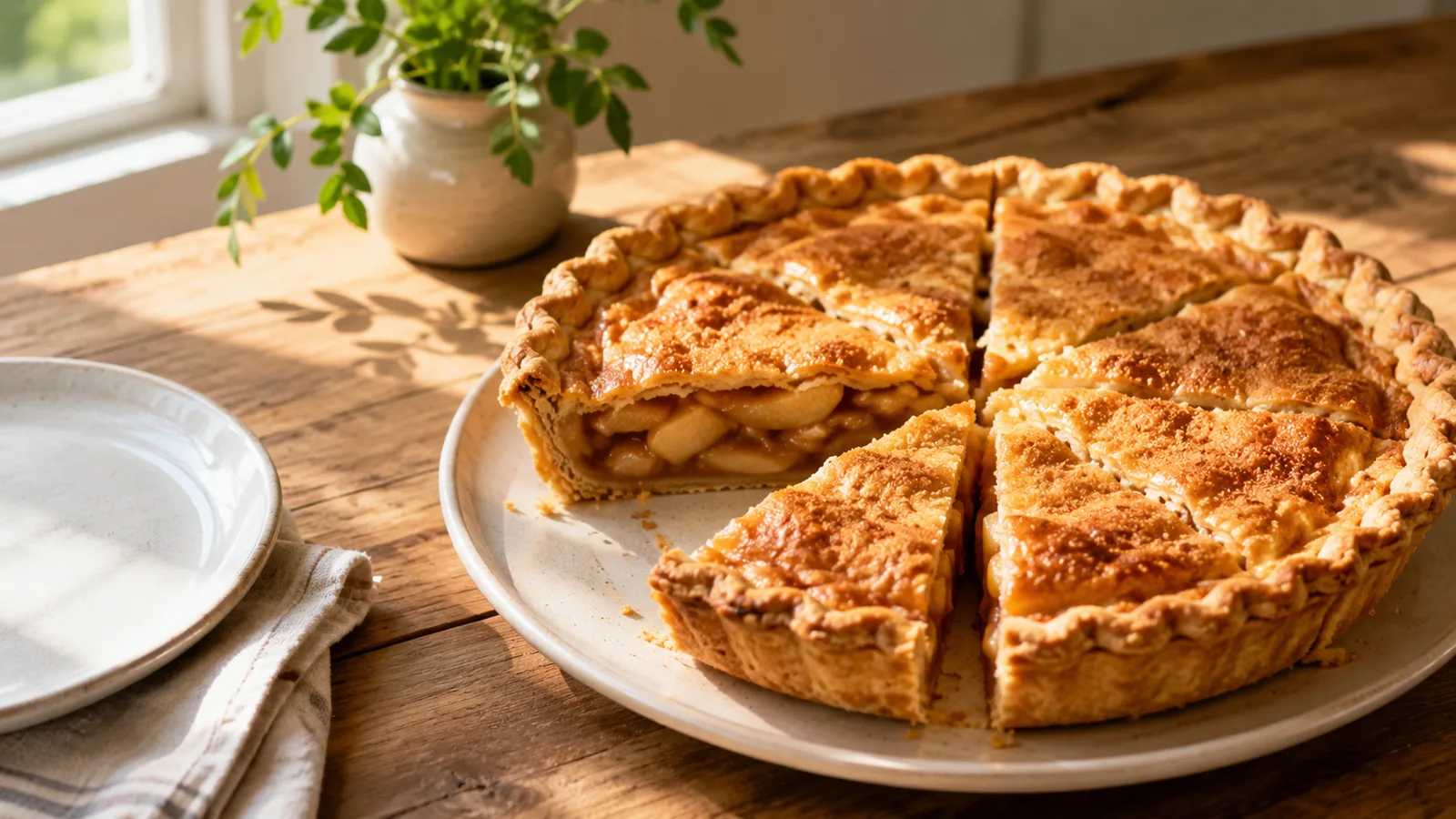 A round pie cut into slices on a sunlit wooden table beside a pale ceramic plate