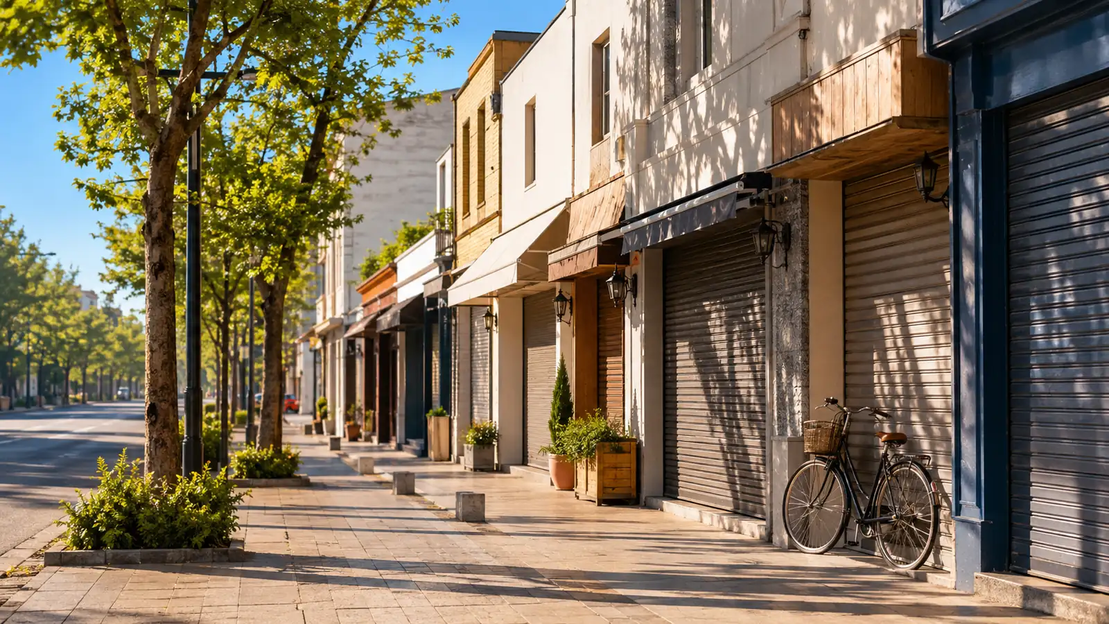 A quiet sunlit city street in the morning with shuttered shopfronts, street trees casting shadows and a bicycle against a wall
