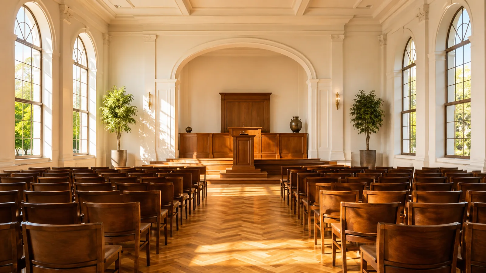 An auction-style hall with rows of empty wooden seats and a podium in warm morning light