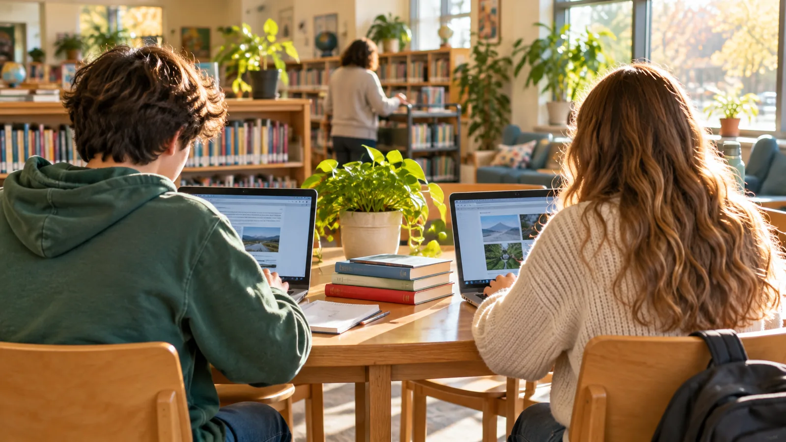 Two teenagers seen from behind working on laptops at a sunlit school library table