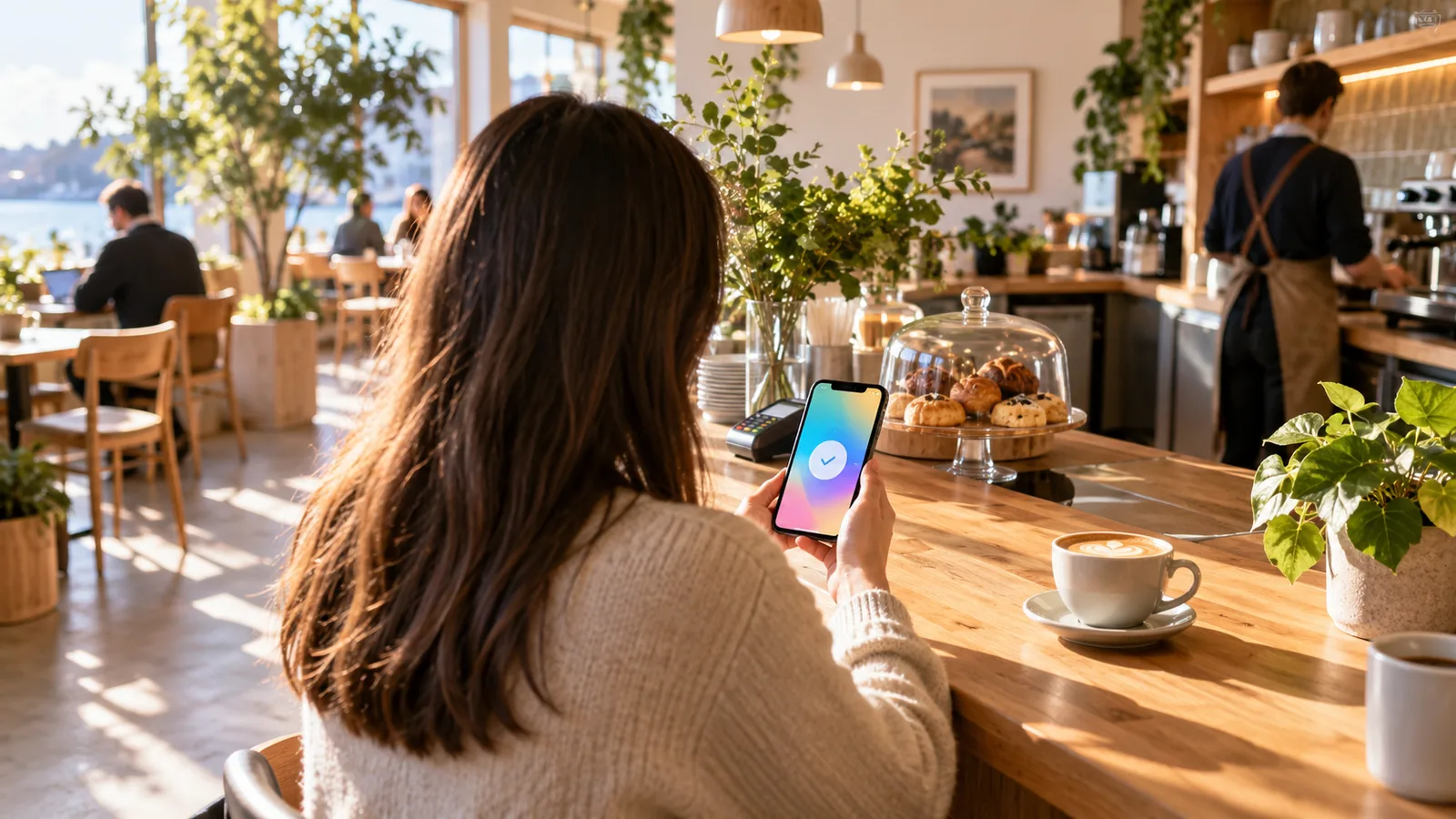 A person seen from behind holding a smartphone in a sunlit Scandinavian-style coffee shop