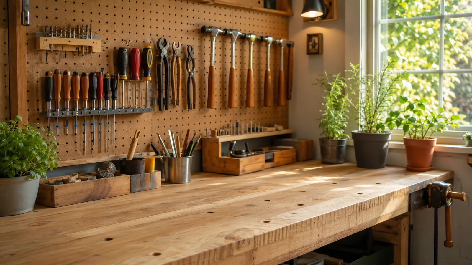 Hand tools arranged in a row on a pegboard above a tidy workshop bench in warm daylight