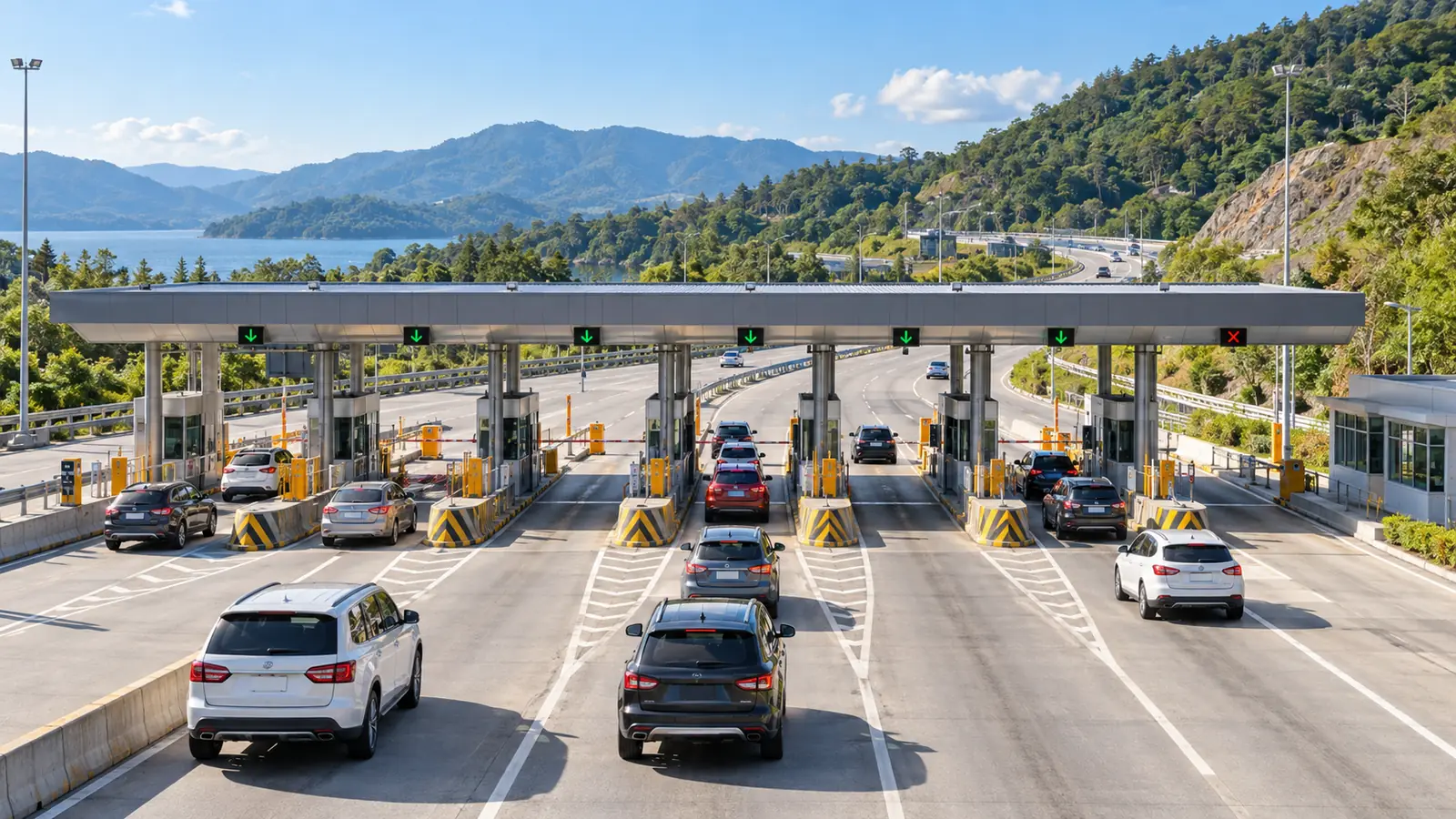 Cars passing one by one through highway toll gates on a sunny day