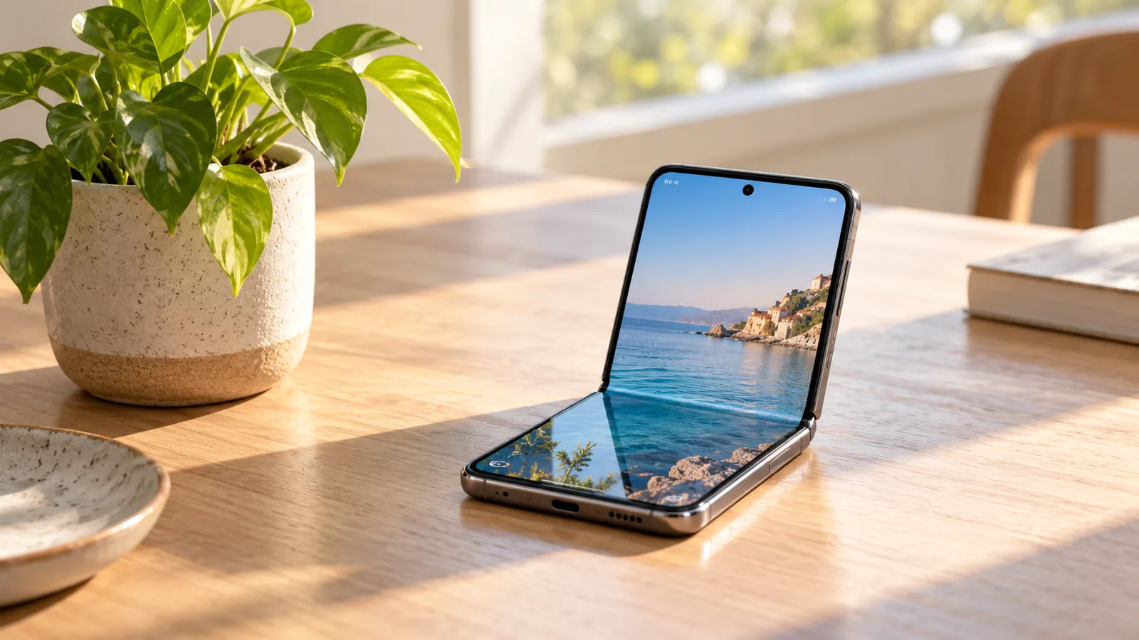 A folding smartphone lying open on a pale wooden table beside a small plant, in warm morning window light