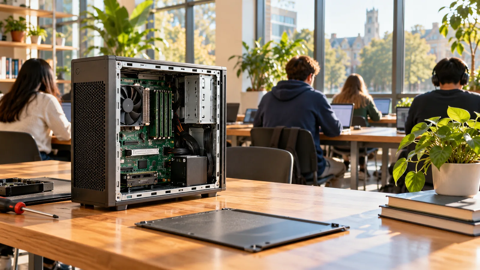 An open server tower on a table in a sunlit university lab with students at laptops