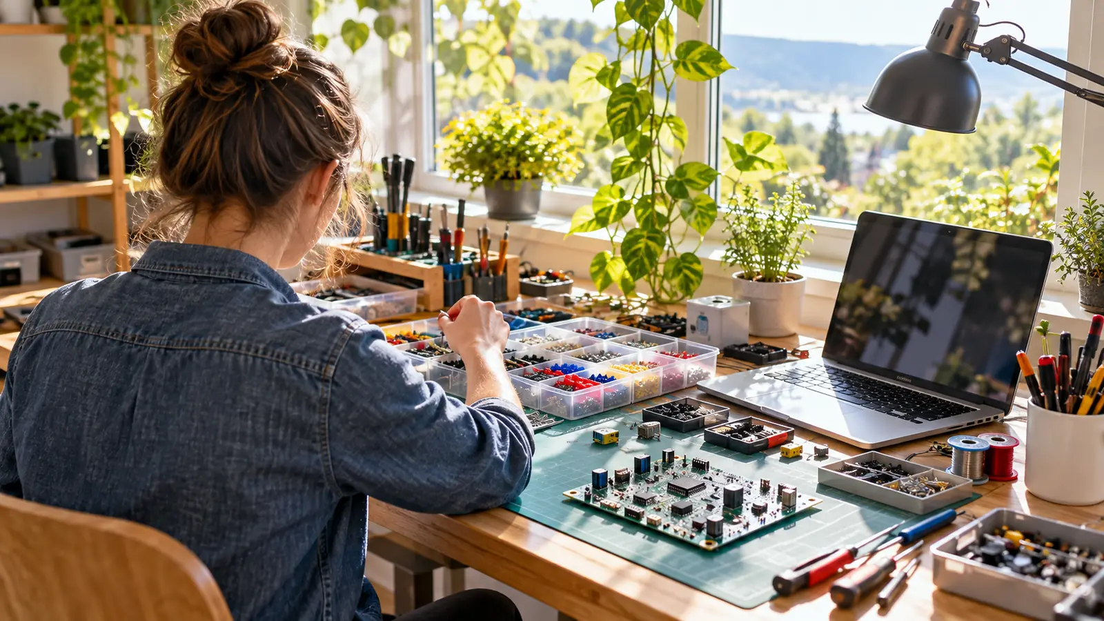 An engineer seen from behind sorting component trays on a sunlit workbench
