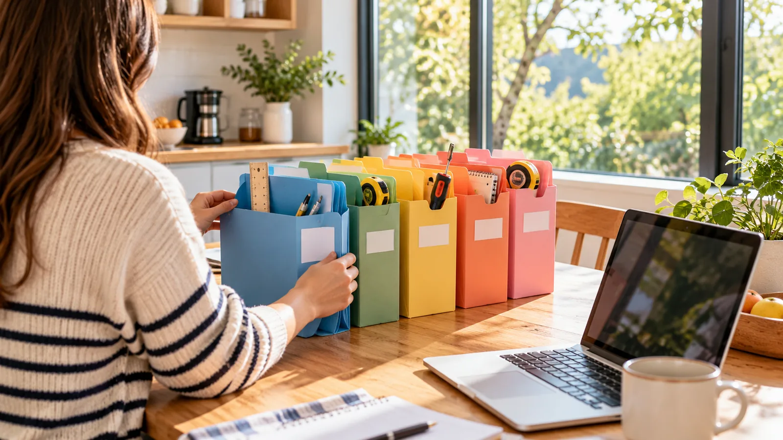 A person arranging colorful folders, each holding a small tool, on a sunny table