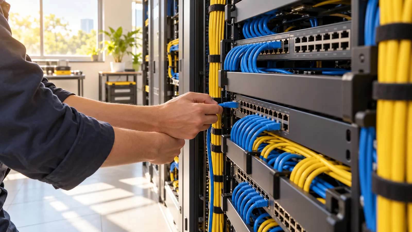 A technician's hands plugging a cable into a switch in a sunlit network room with tidy blue and yellow cables