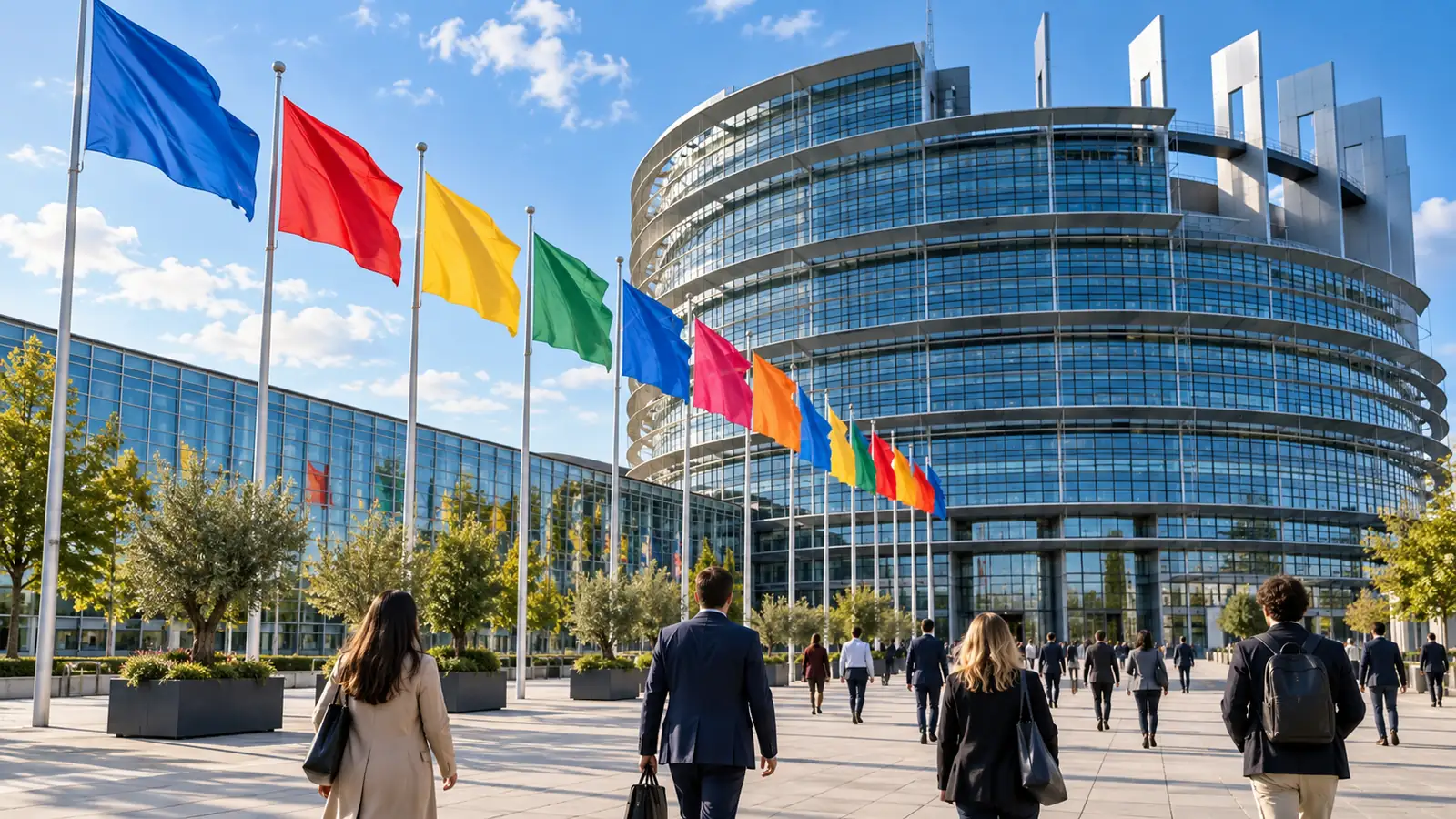 People seen from behind crossing a plaza in front of a glass-fronted European parliament building