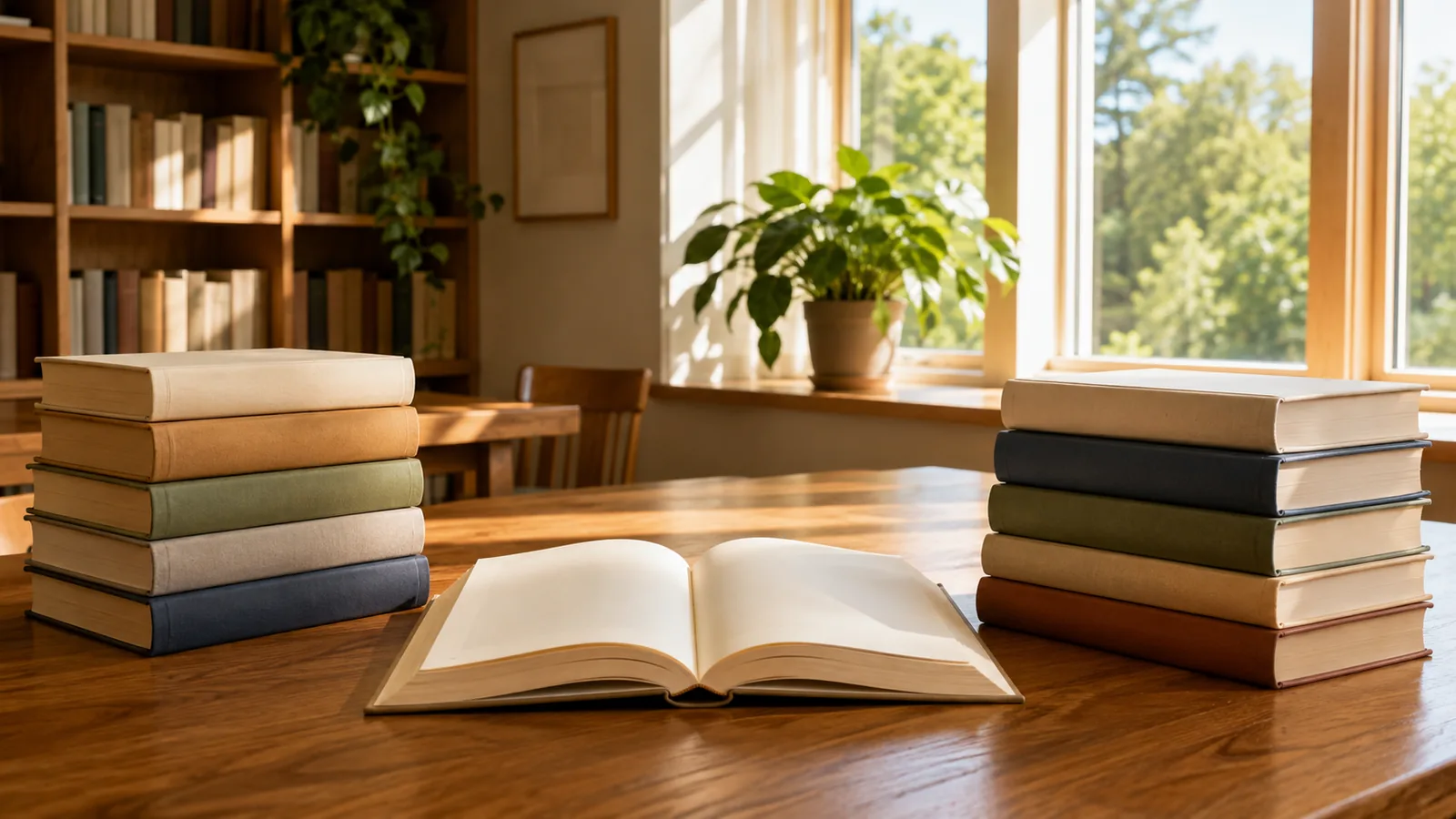 A sunlit reading room at midday, two neat stacks of hardcover books on a long wooden table with an open book between them