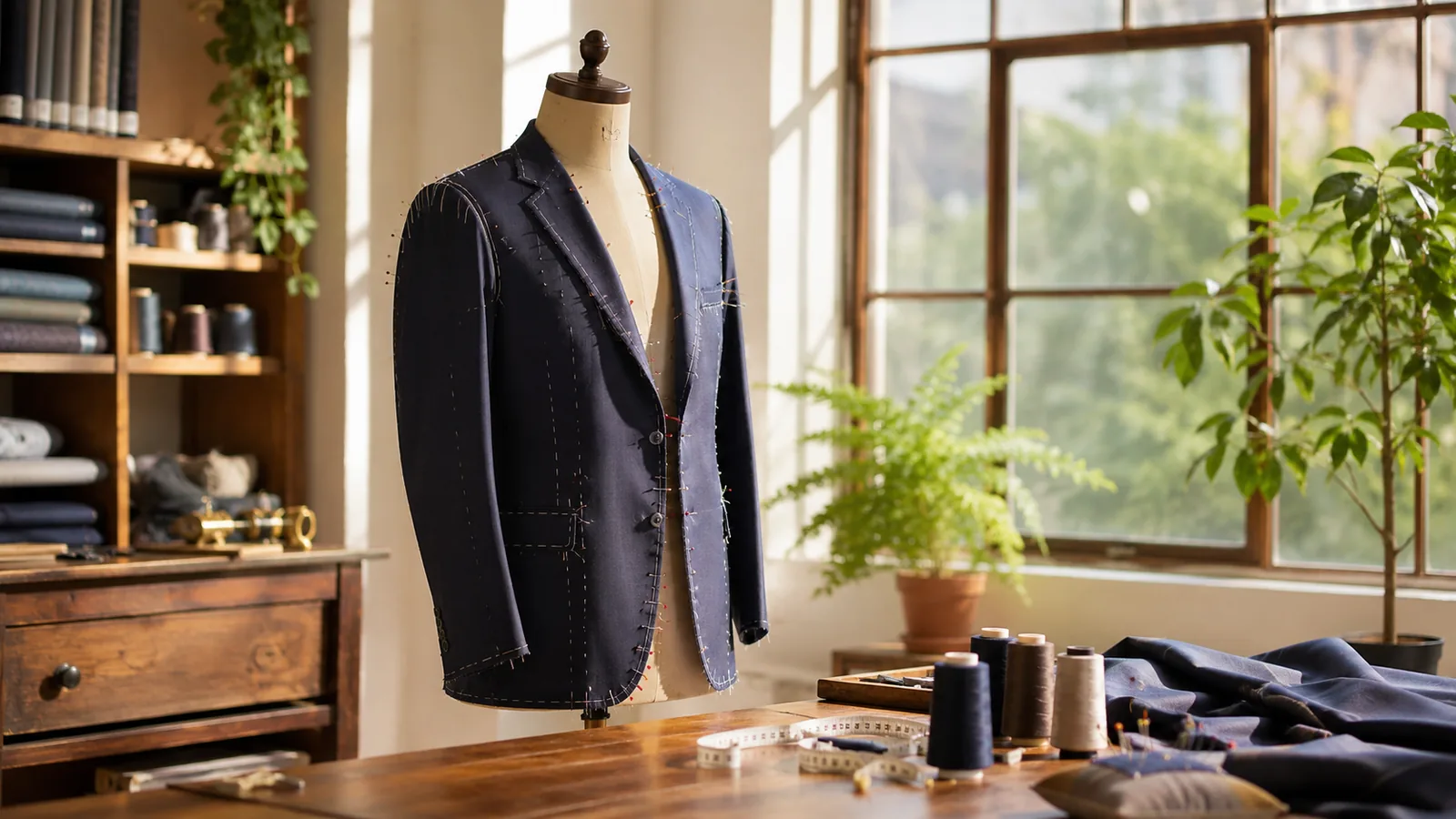 A jacket on a dress form being adjusted with pins in a tailoring workshop, thread and a measuring tape on the table