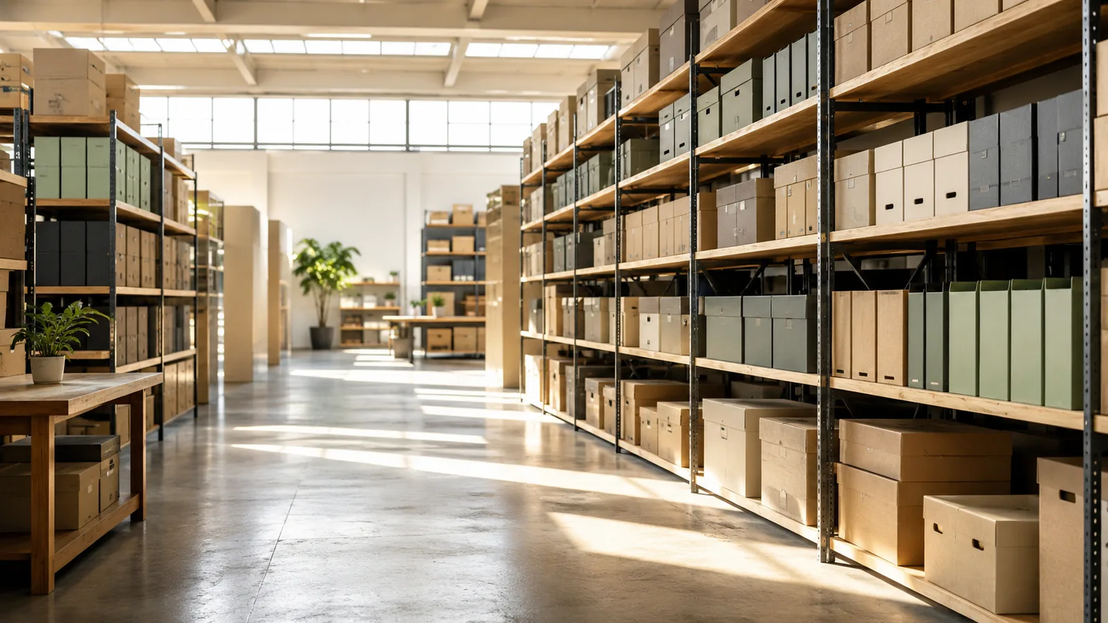 A sunlit warehouse-style archive with tall open shelving and neatly stacked boxes under high clerestory windows