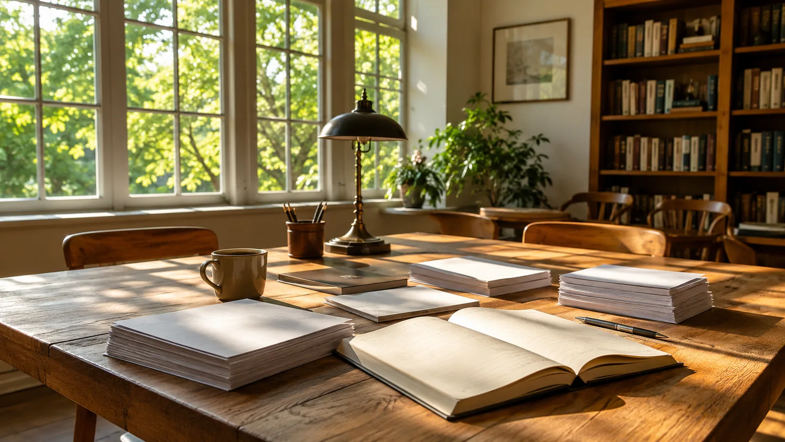 A sunlit reading room with a long wooden table, stacks of documents and an open notebook, green trees beyond tall windows