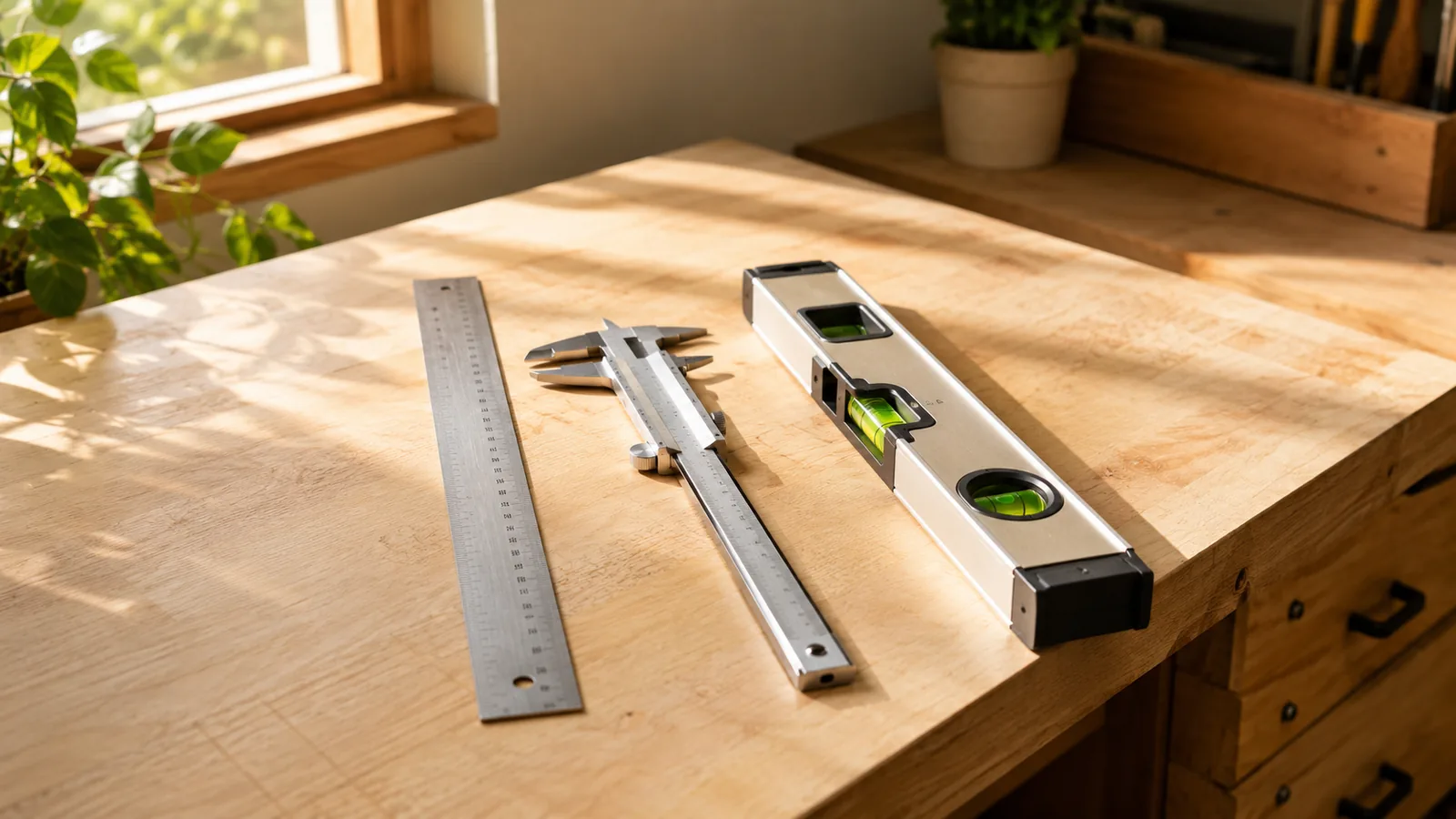 Measuring tools laid out in a neat row on a sunlit workbench — a ruler, calipers and a level on pale wood