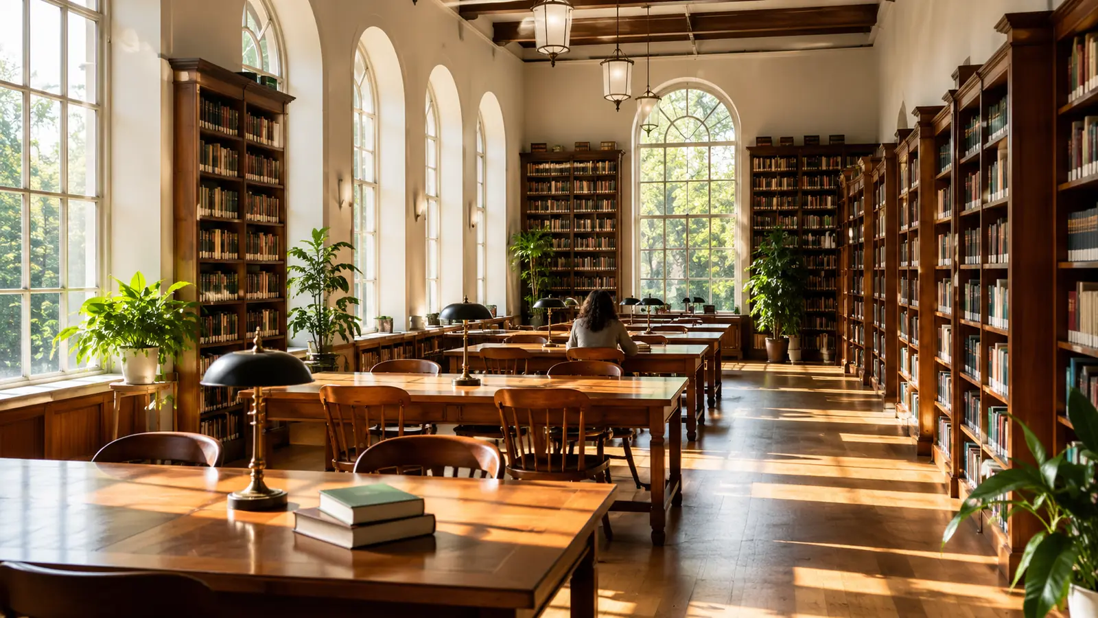 A sunlit library reading room, long tables and a reader seen from behind
