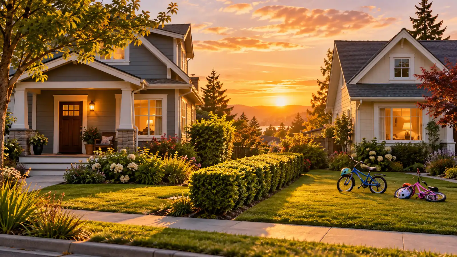 Two neighboring houses at golden hour with a low hedge between them