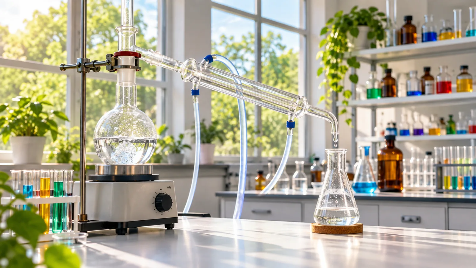 A glass distillation apparatus on a sunlit lab bench
