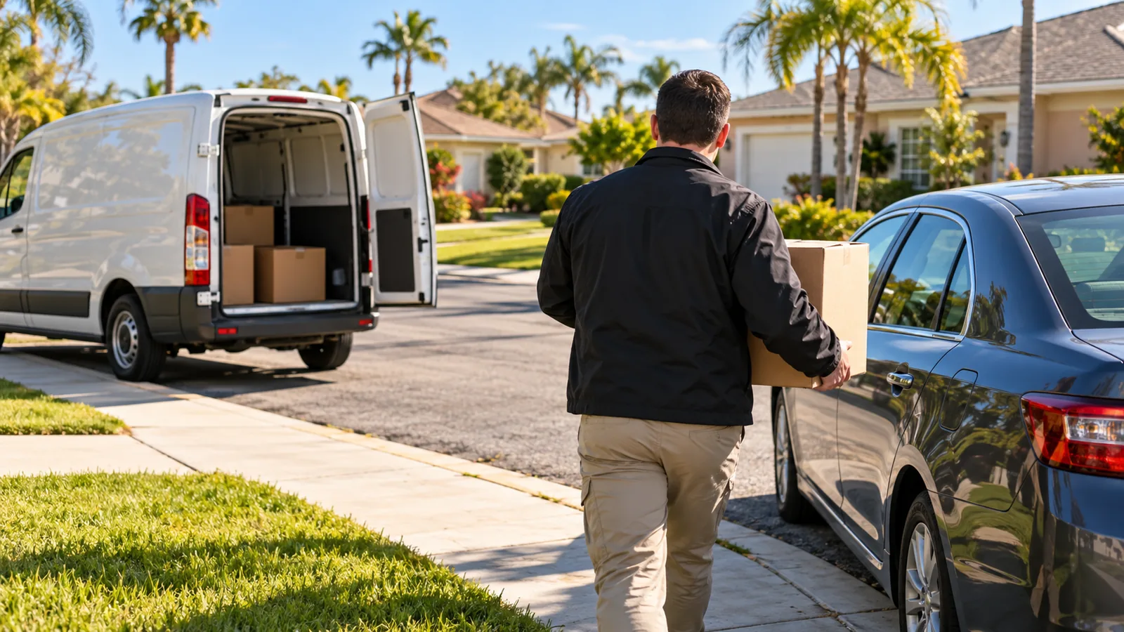 An investigator seen from behind carrying a box on a sunny suburban street