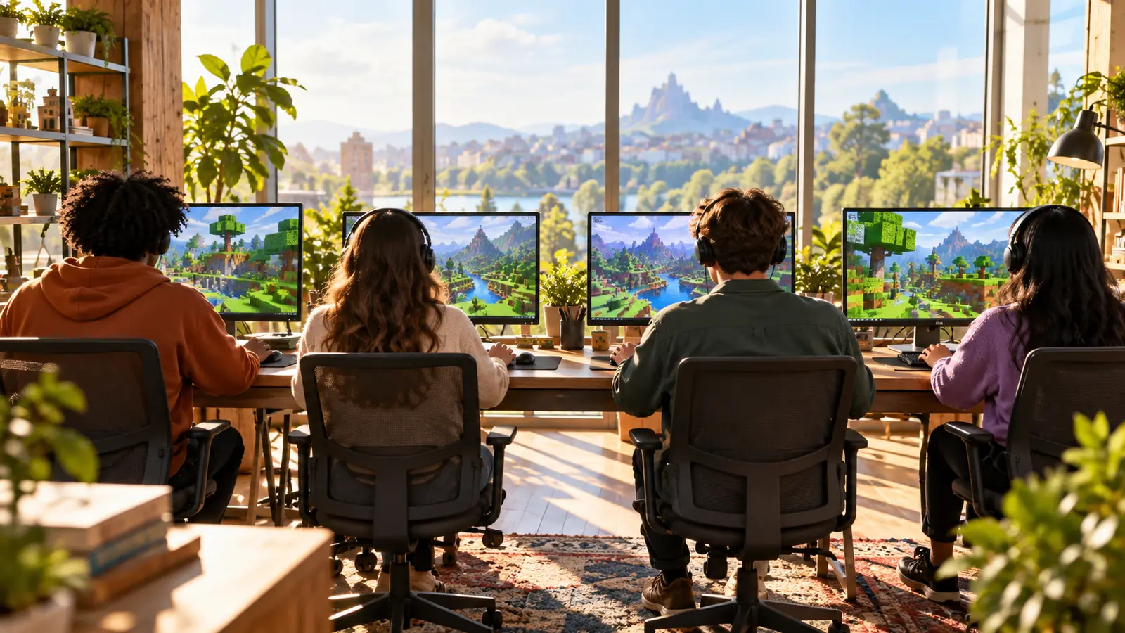 Four people seen from behind, each exploring a colorful blocky world on their own screen