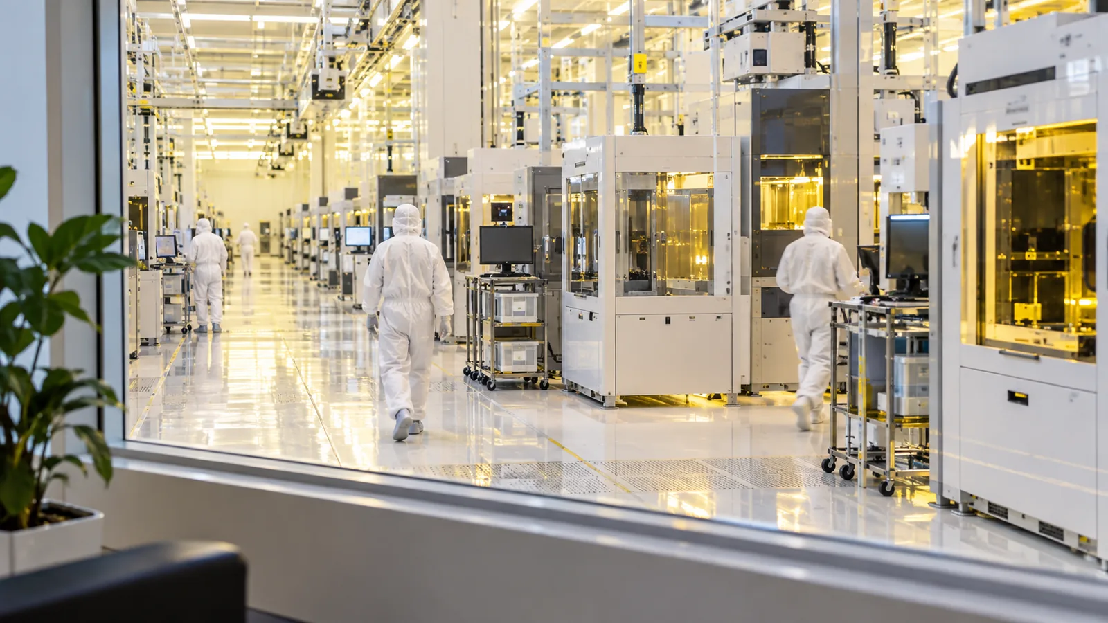 Workers in cleanroom suits seen from behind in a bright semiconductor fab