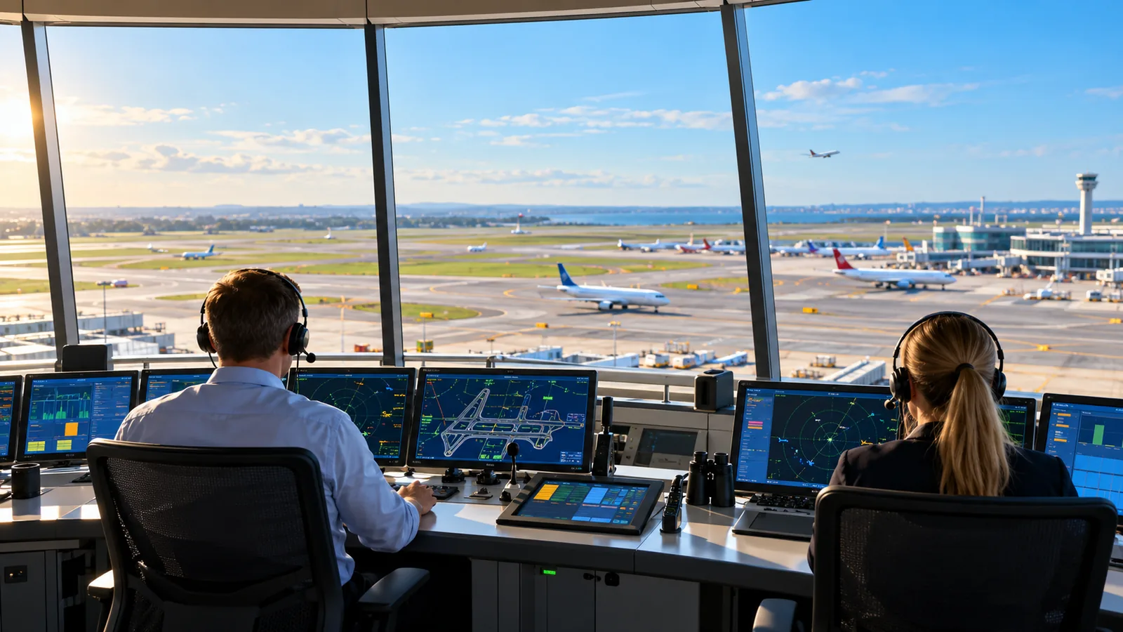 Two controllers seen from behind watching a sunny airfield from a control tower