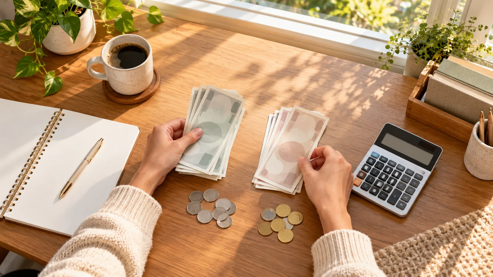 Hands sorting bills and coins into two piles beside a calculator on a sunny desk