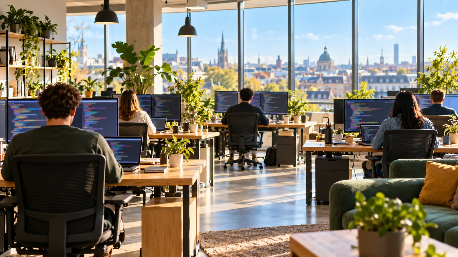 Developers seen from behind working at laptops and monitors in a sunny software office