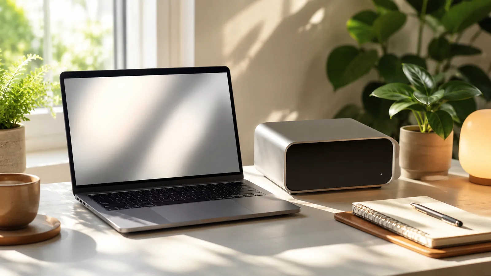 A laptop and a small desktop machine on a bright desk in daylight