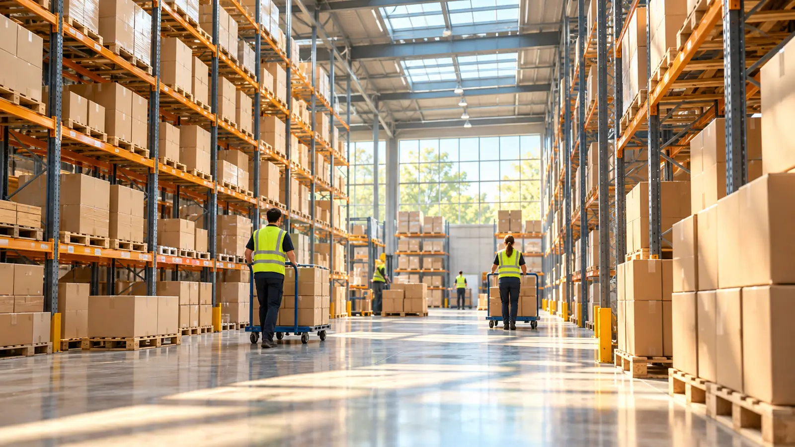 Neatly stacked boxes and workers seen from behind in a warehouse lit by skylights