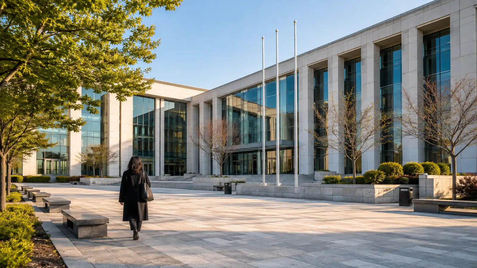 A modern institutional building and plaza in morning light, a person walking across