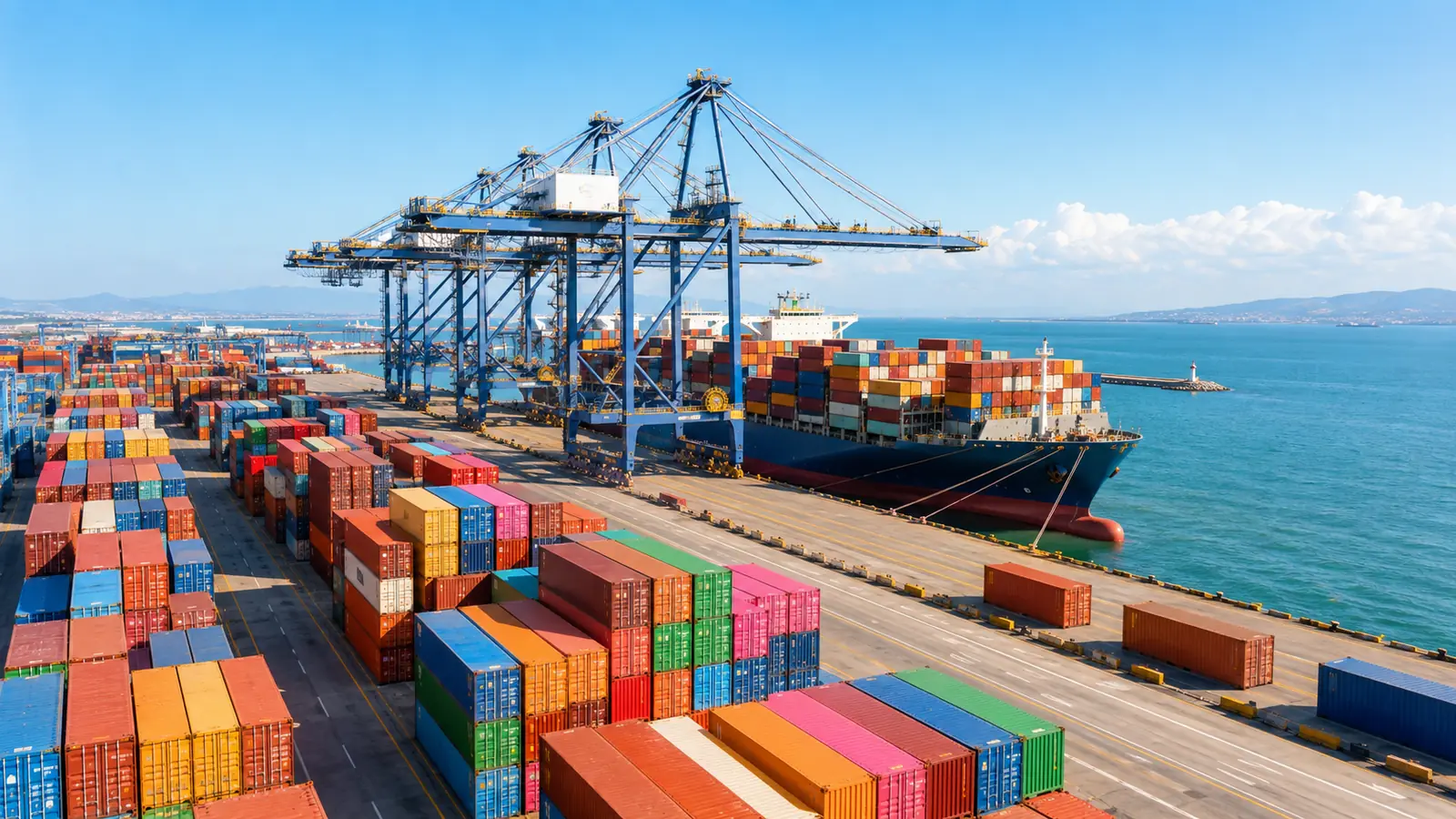 A container terminal at midday, a cargo ship at the quay under gantry cranes