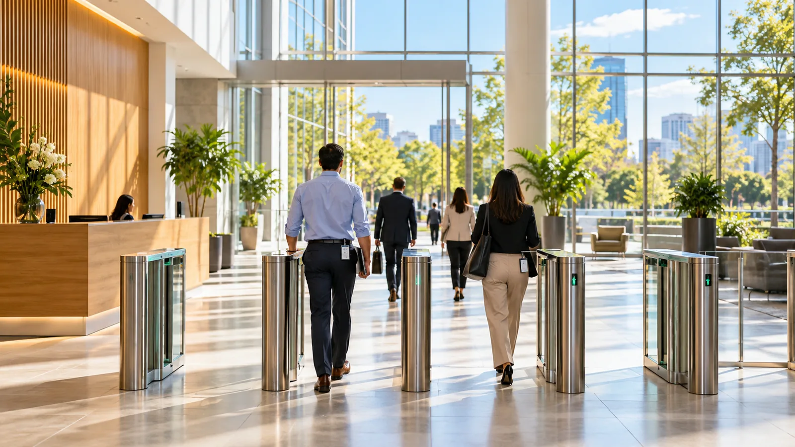 People seen from behind passing through glass entry gates in a sunny office lobby