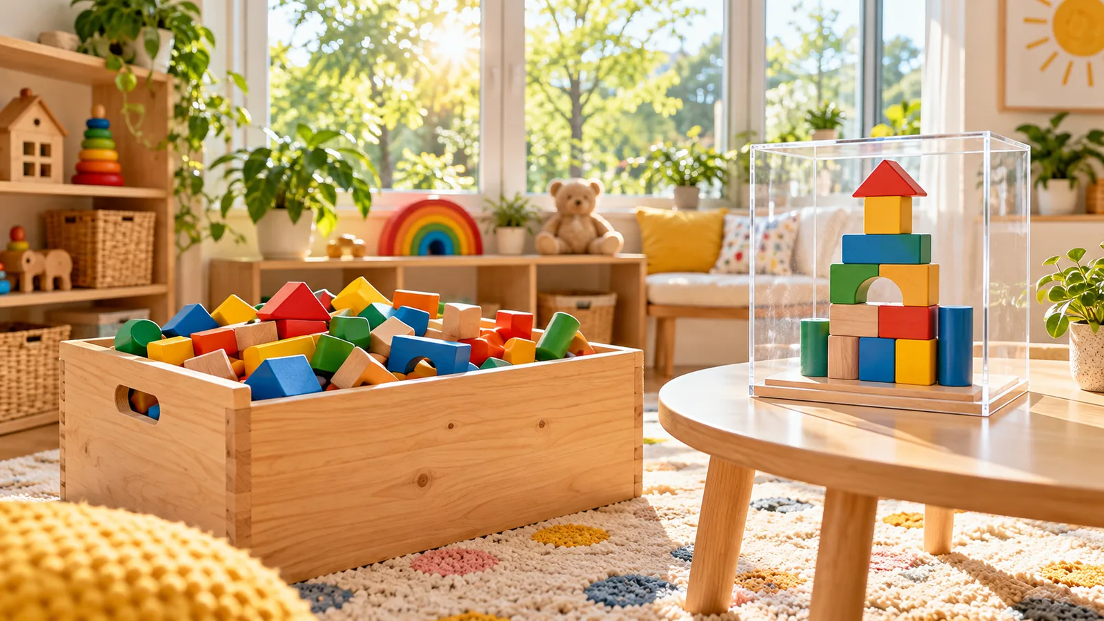 Colorful building blocks stacked inside a clear box in a sunny playroom