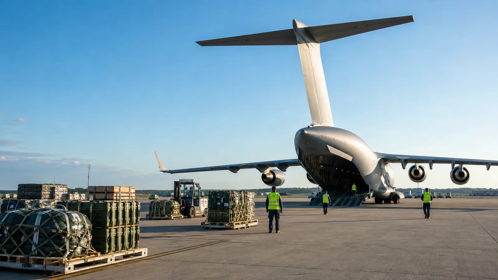 A large transport aircraft with its cargo ramp open on a sunlit airport apron, equipment pallets on the tarmac and ground crew in the distance