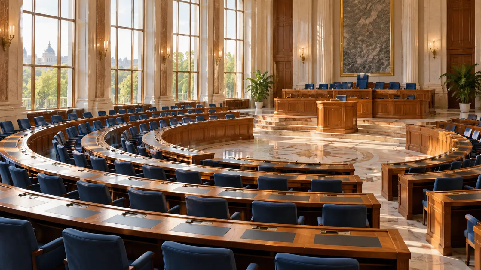 An empty legislative chamber in daylight, curved rows of wooden desks and blue seats facing a podium