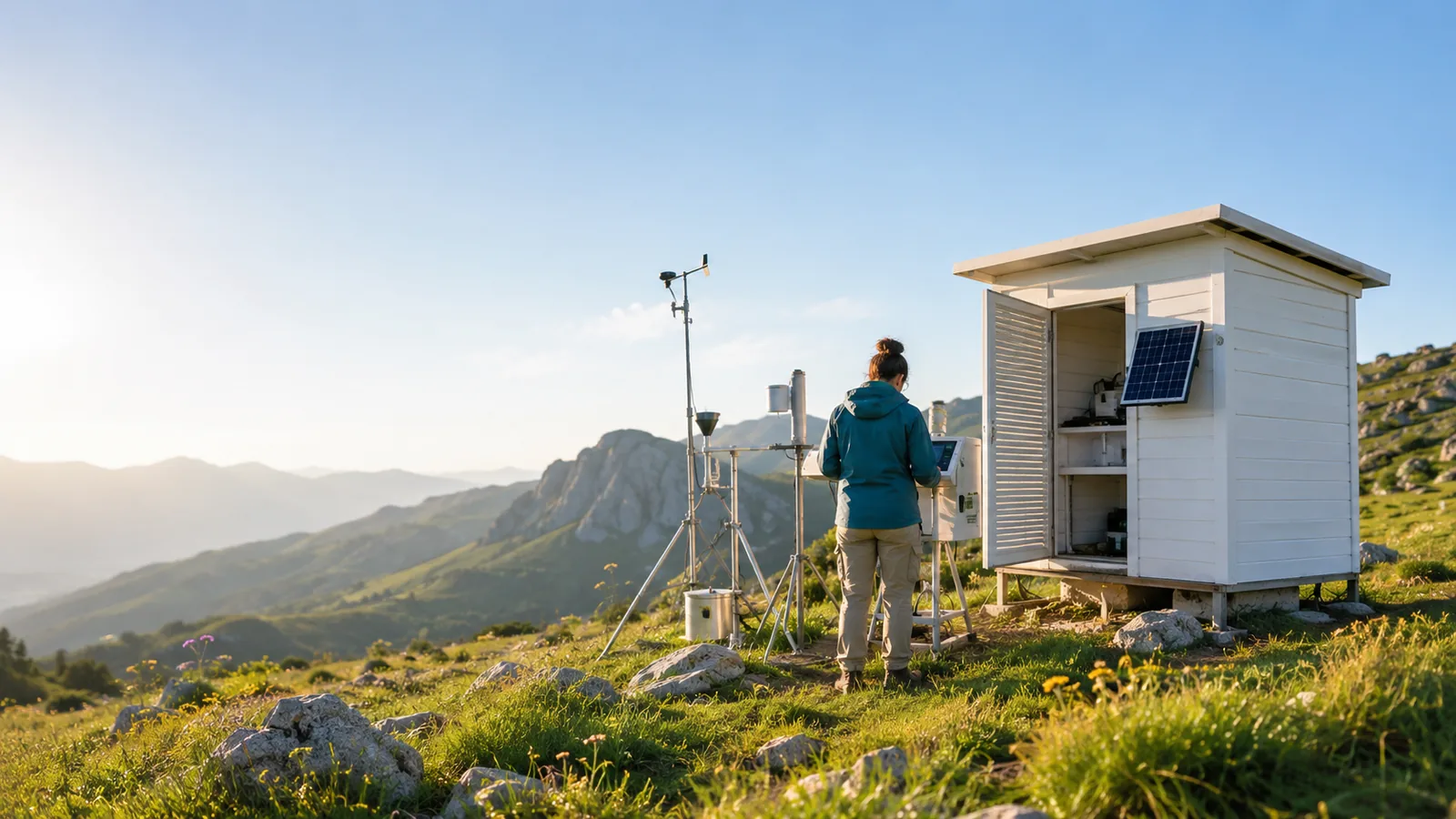 A hillside instrument shelter in morning light, a researcher seen from behind checking equipment