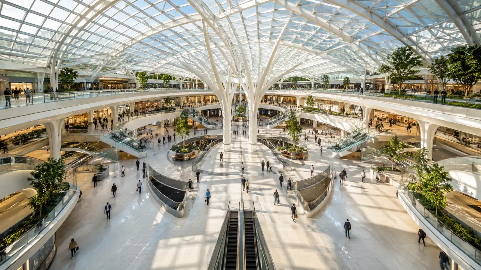 A sunlit transit interchange hall where many walkways branch out from one central concourse under a glass roof